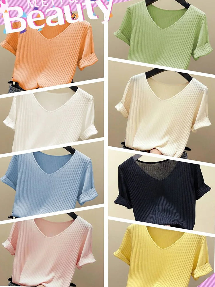 V-Neck Short-Sleeved Ribbed Blouse