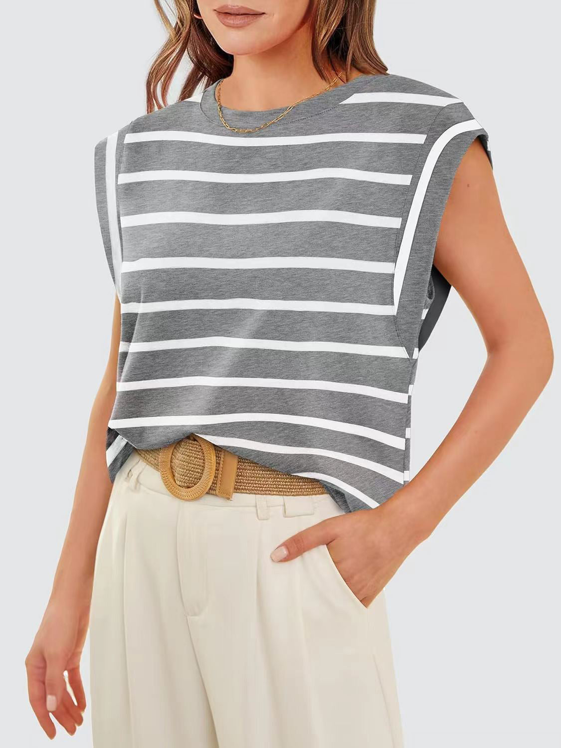 Striped Cap-Sleeve Blouse
