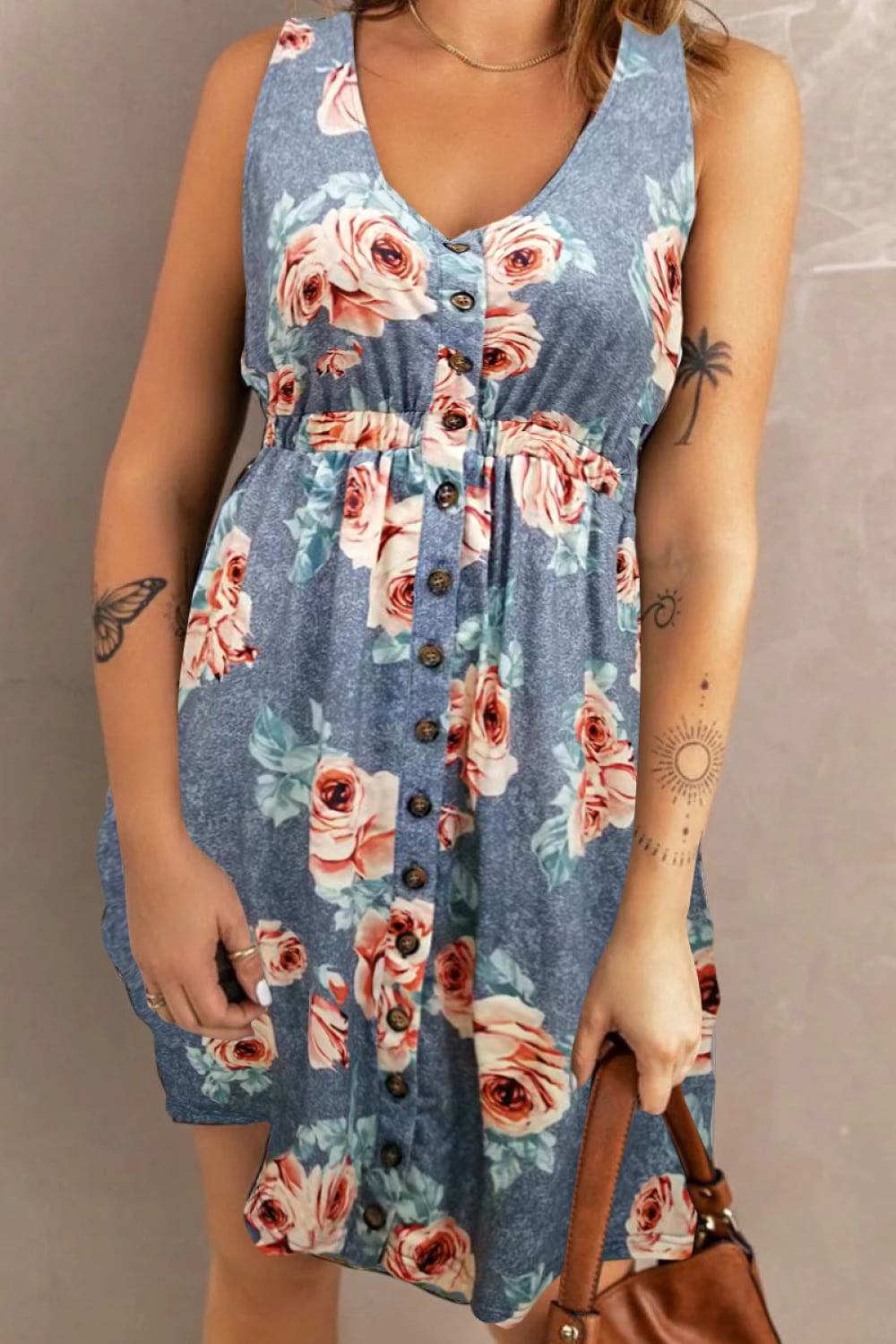 Double Take Printed Sleeveless Magic Dress with Pockets