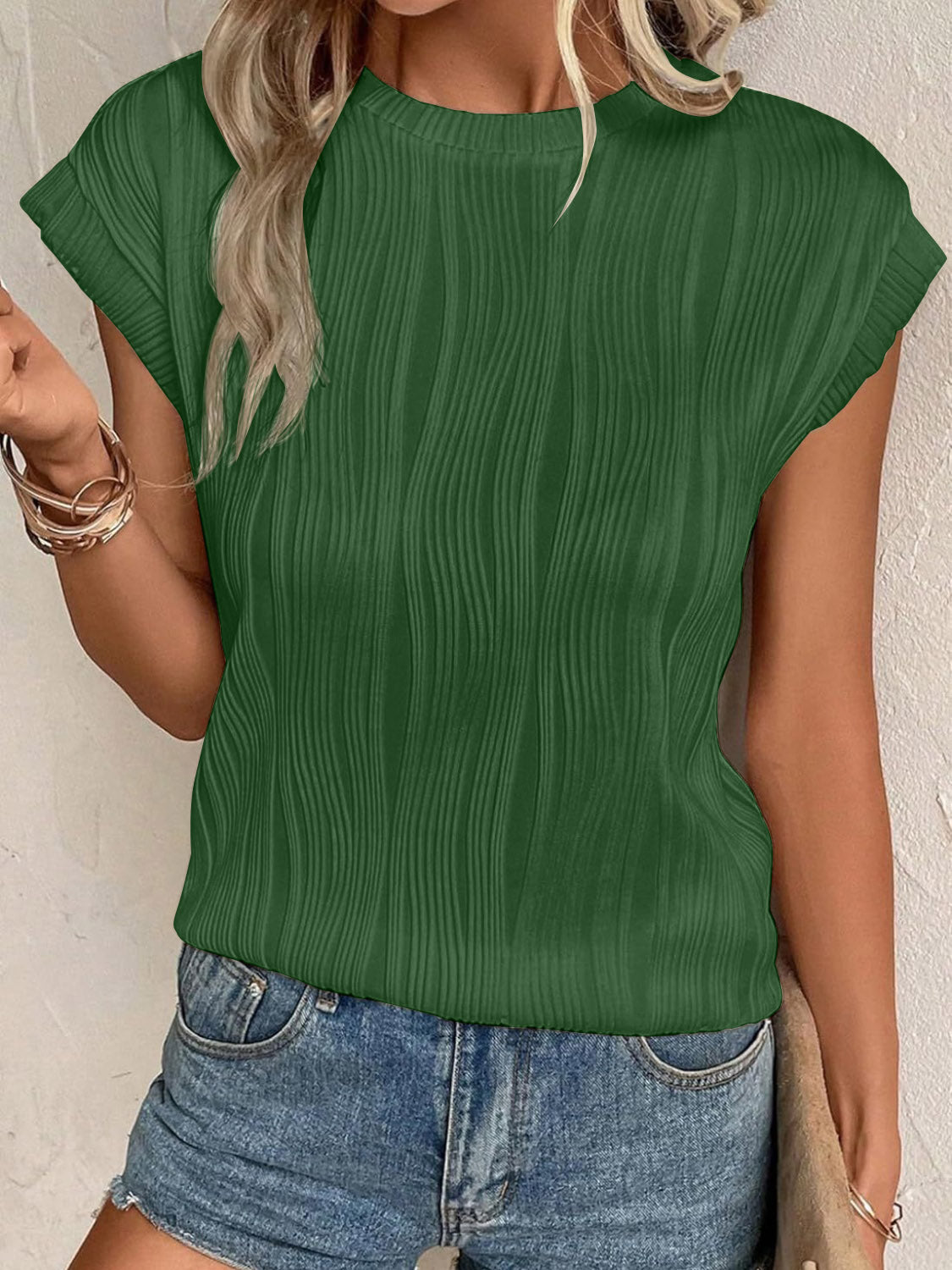 Textured Cap-Sleeve Blouse