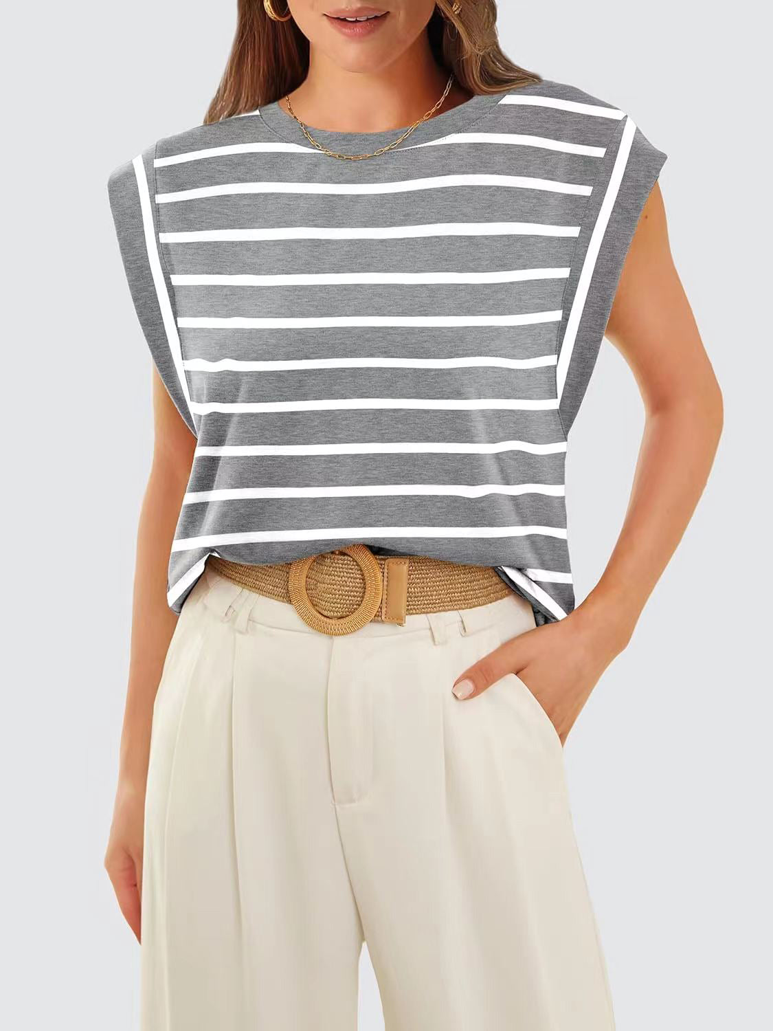 Striped Cap-Sleeve Blouse