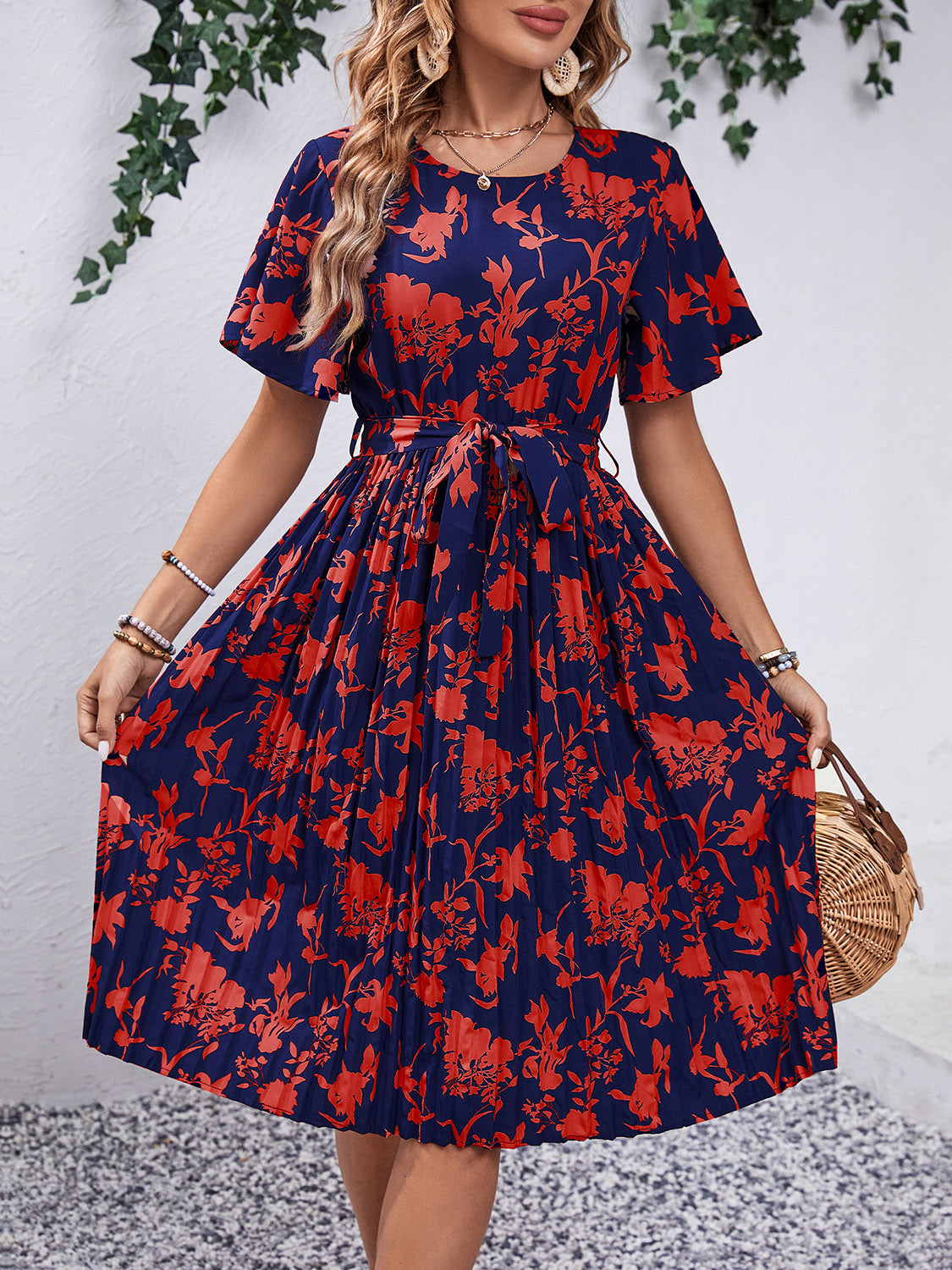 Printed Short-Sleeved Midi Dress