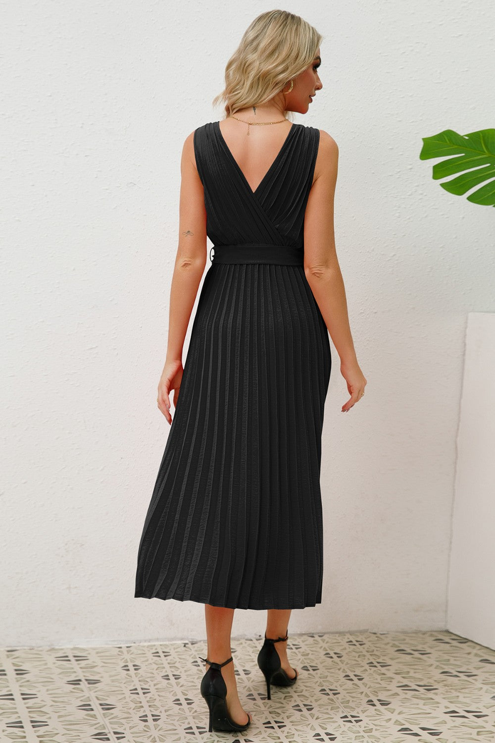 Sleeveless Pleated V-Neck Dress