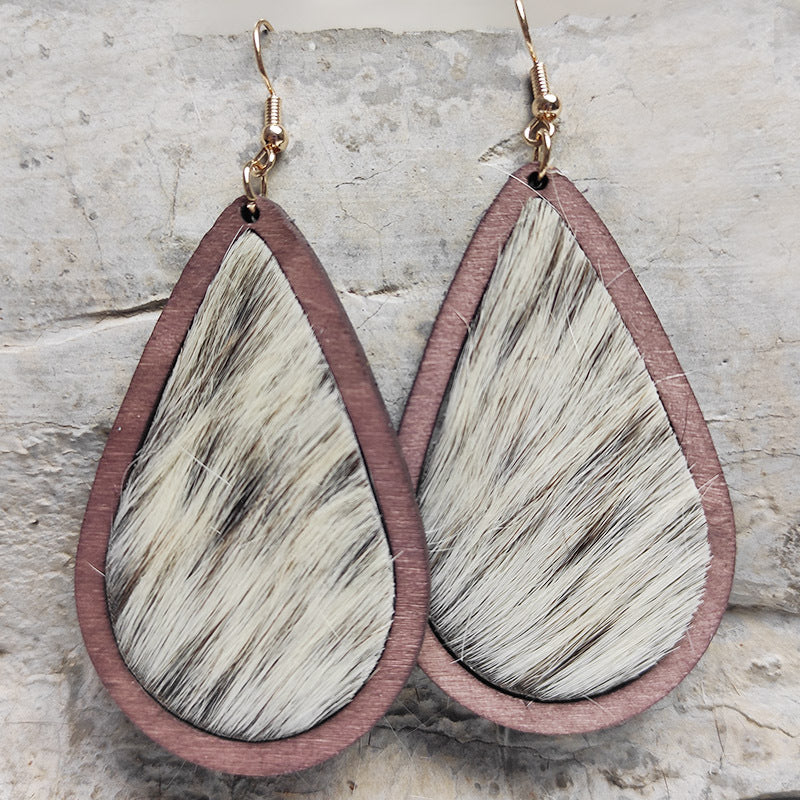 Wooden Teardrop Animal-Print Earrings