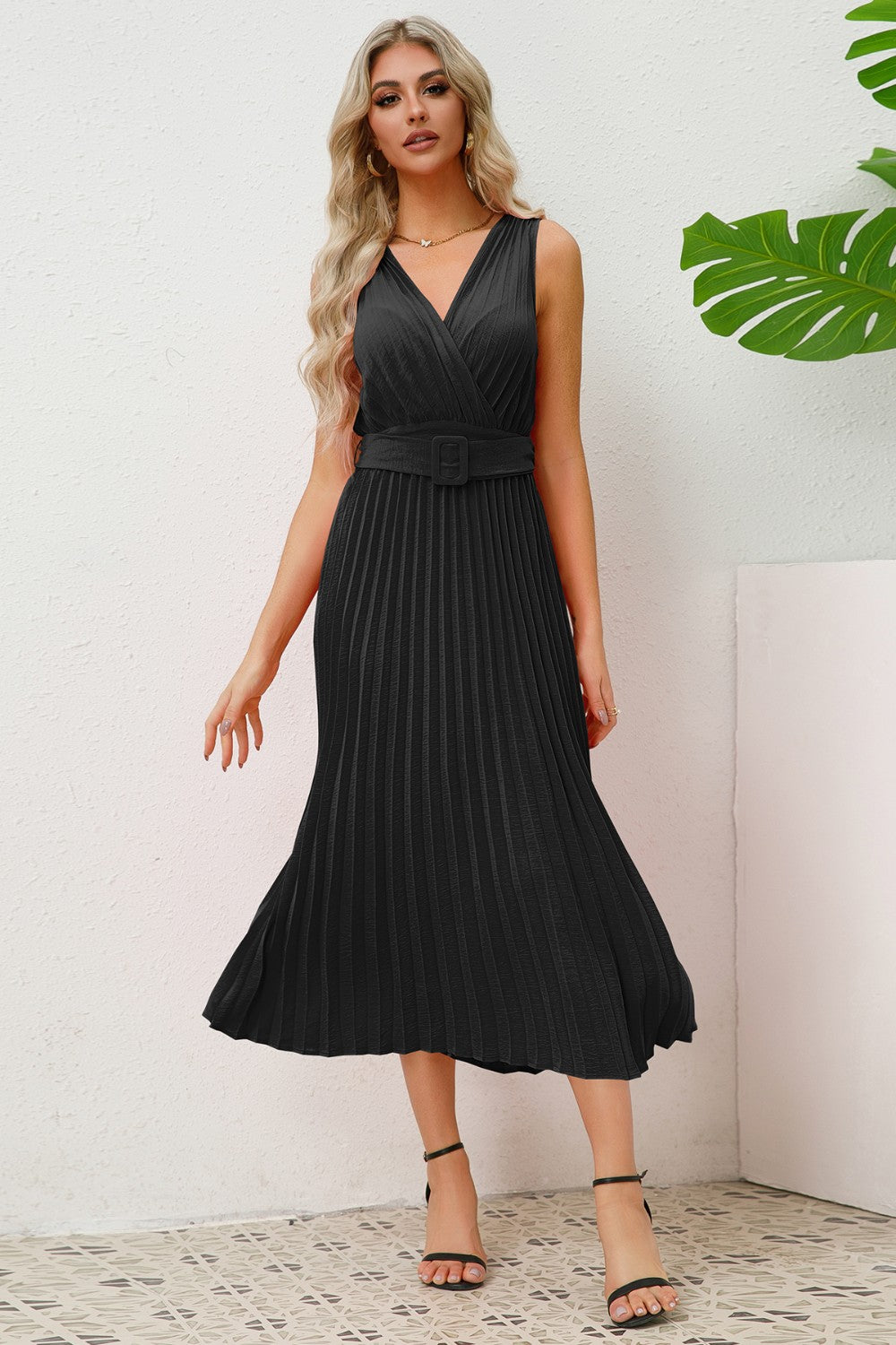 Sleeveless Pleated V-Neck Dress