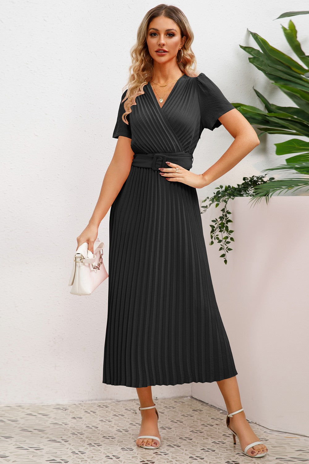 Pleated Short-Sleeved Midi Dress