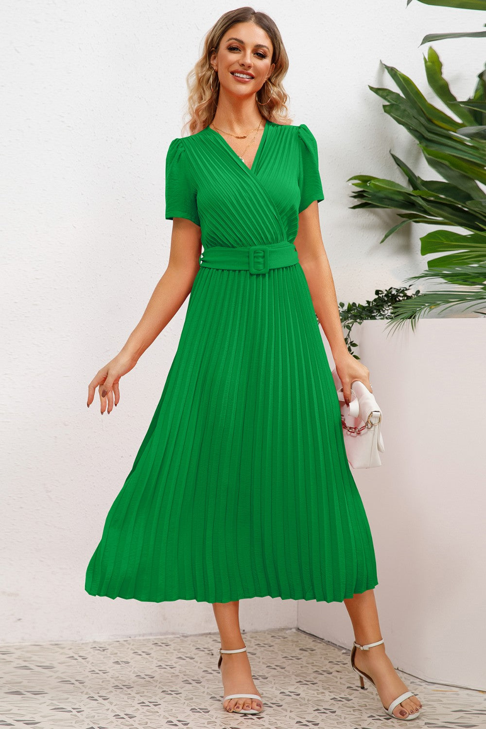 Pleated Short-Sleeved Midi Dress