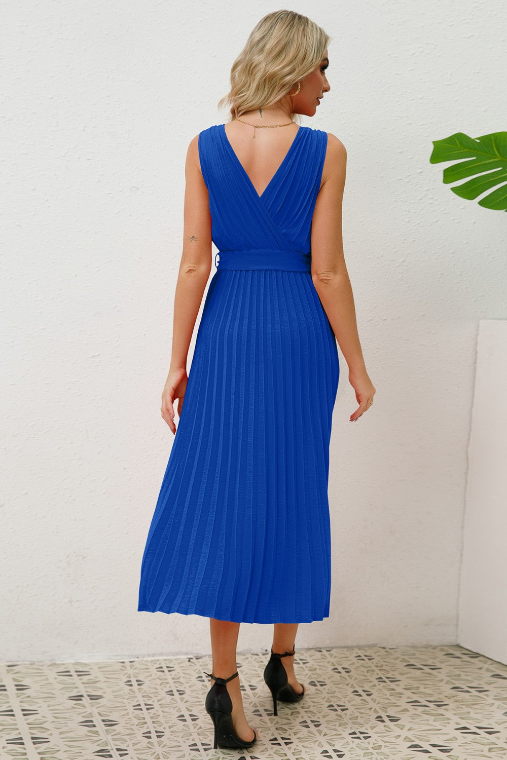 Sleeveless Pleated V-Neck Dress