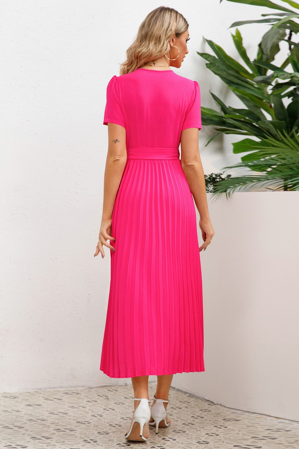 Pleated Short-Sleeved Midi Dress