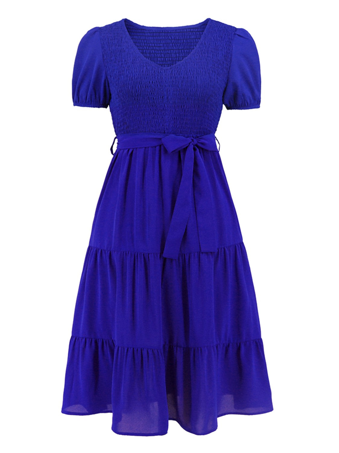 Smocked Short-Sleeved Tiered Dress