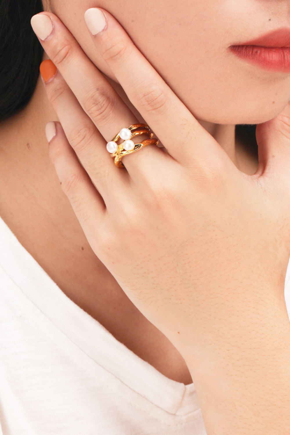 18k Gold-Plated Three Pearl Ring