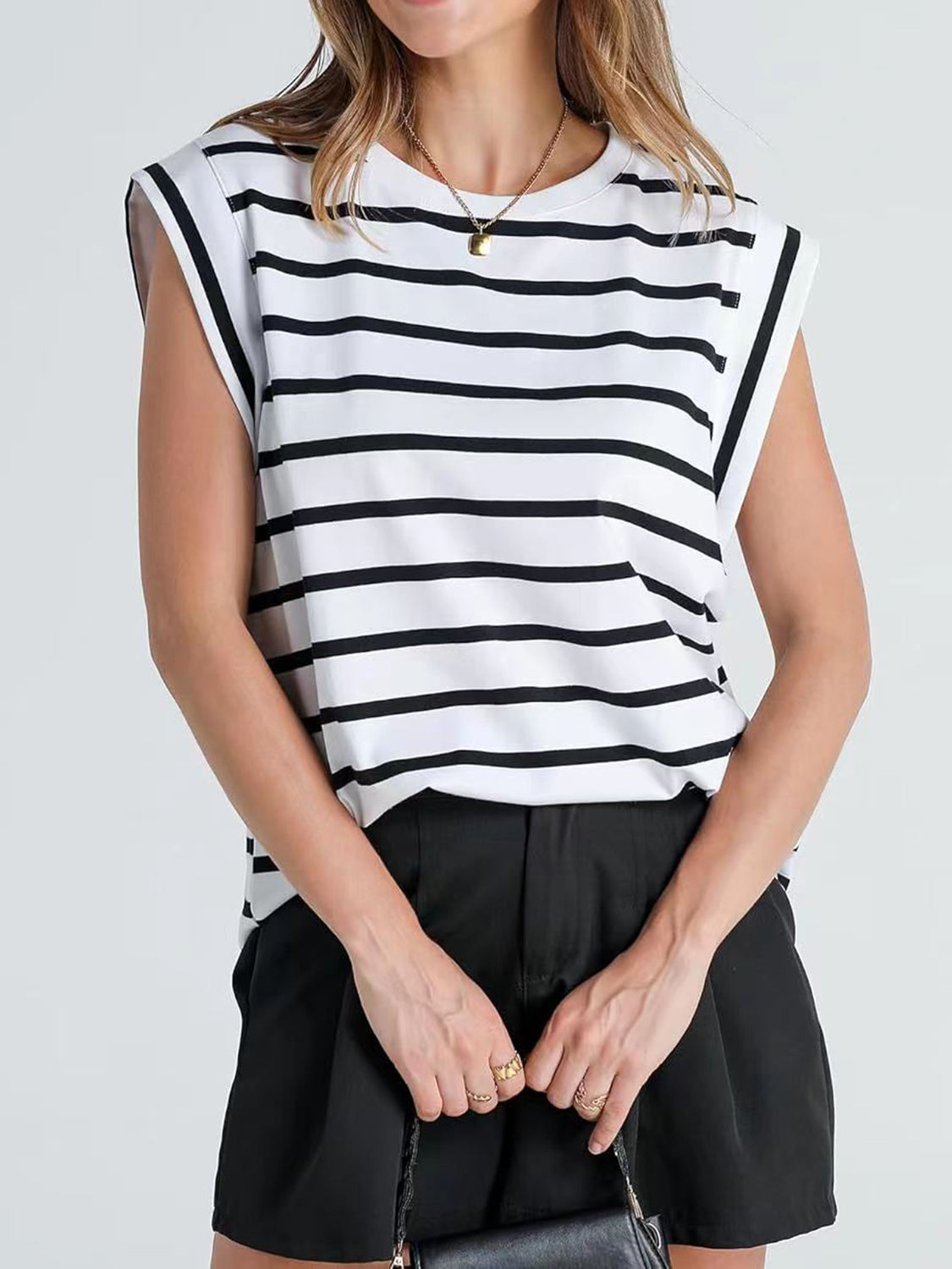 Striped Cap-Sleeve Blouse