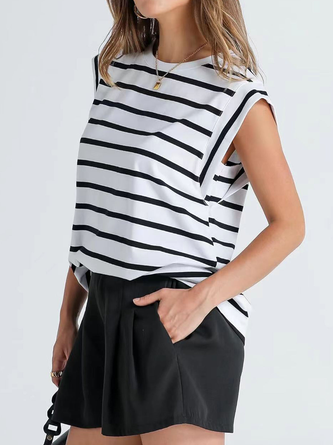 Striped Cap-Sleeve Blouse