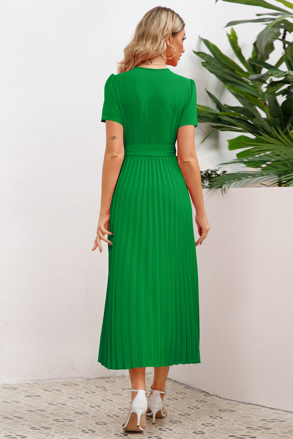 Pleated Short-Sleeved Midi Dress