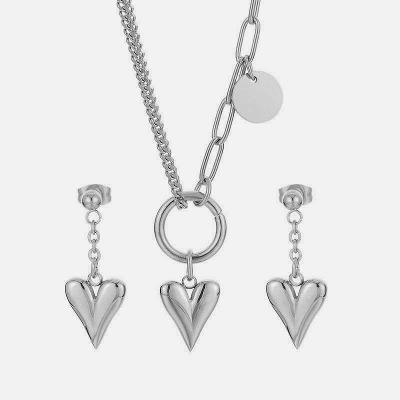 Titanium Heart Necklace and Drop Earrings Jewelry Set
