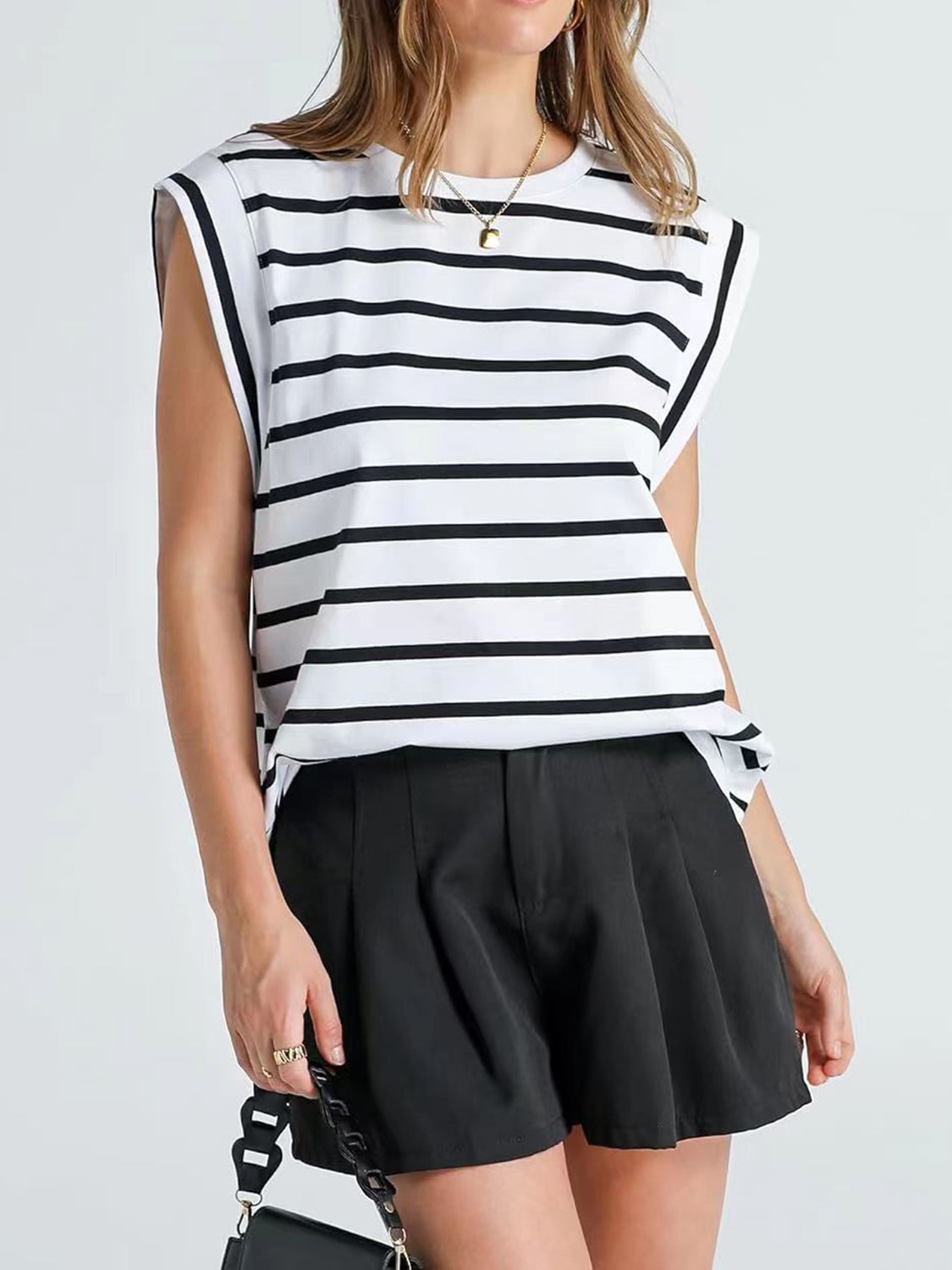 Striped Cap-Sleeve Blouse