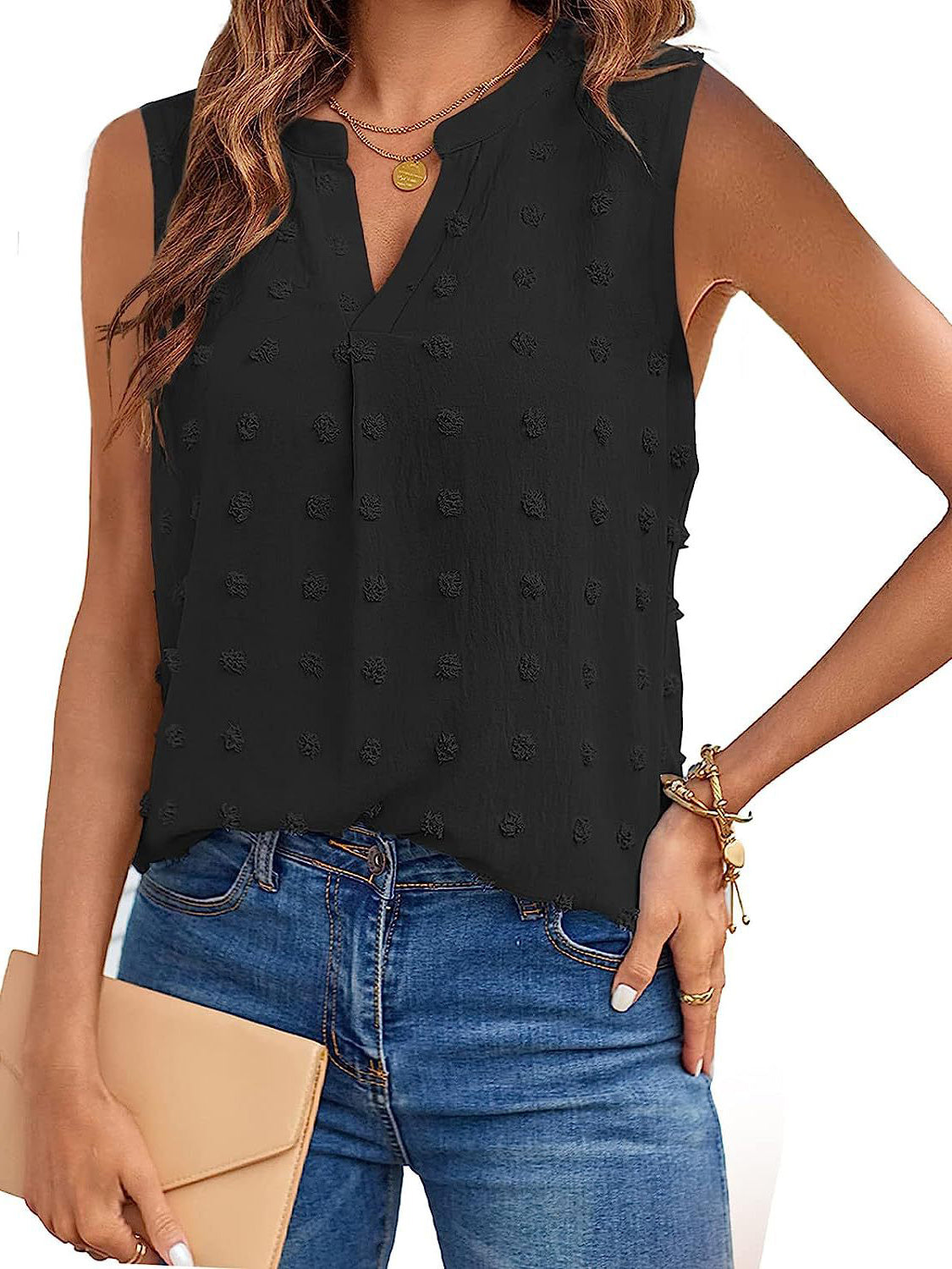 Swiss Dot Notched Sleeveless Blouse