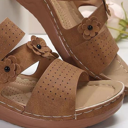 Faux-Suede Flower Wedge Sandals