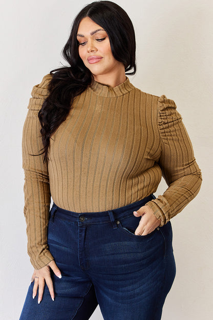 Basic Bae Mock Neck Ribbed Puff Sleeve Shirt