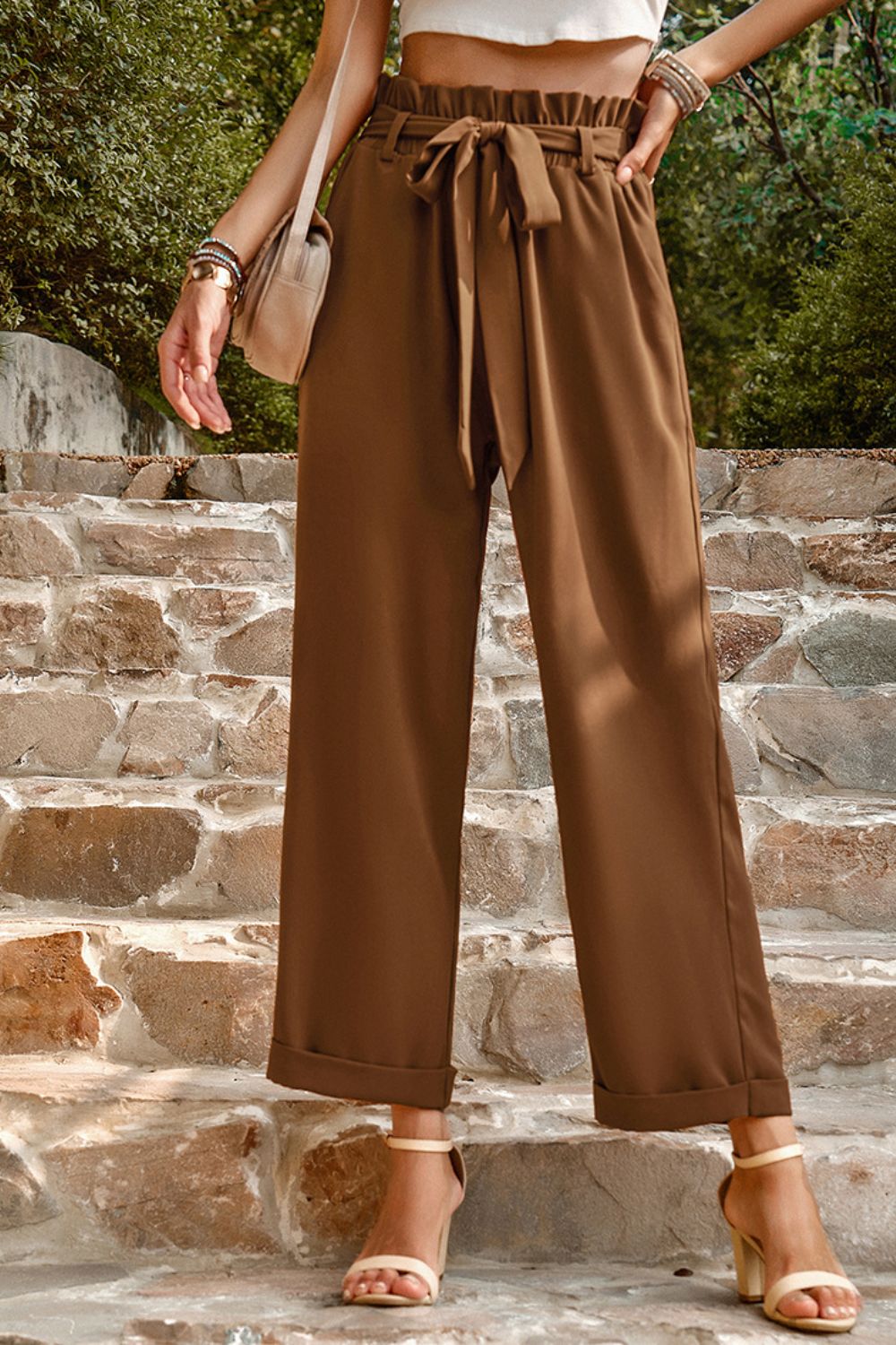 Paperbag-Waist Cropped Straight-Leg Pants