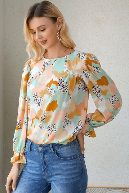 Printed Flounce Sleeve Buttoned Blouse