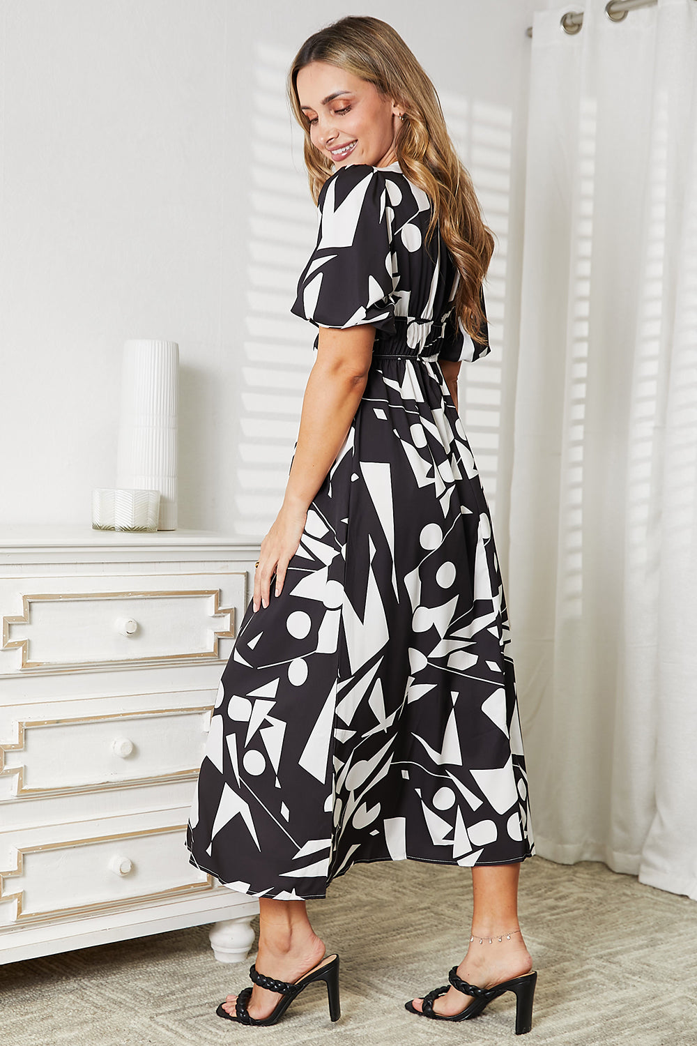 Double Take Surplice Balloon Sleeve Dress