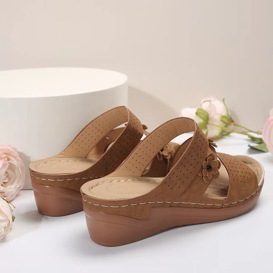 Faux-Suede Flower Wedge Sandals