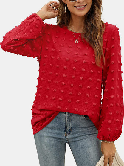 Swiss Dot Round Neck Long Sleeve Blouse