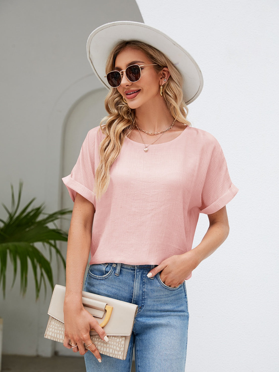 Cotton Chinlon Short-Sleeved Blouse