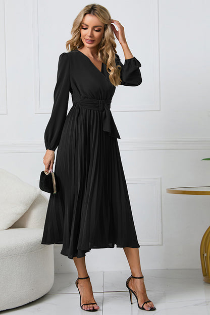 V-Neck Long-Sleeved Midi Dress