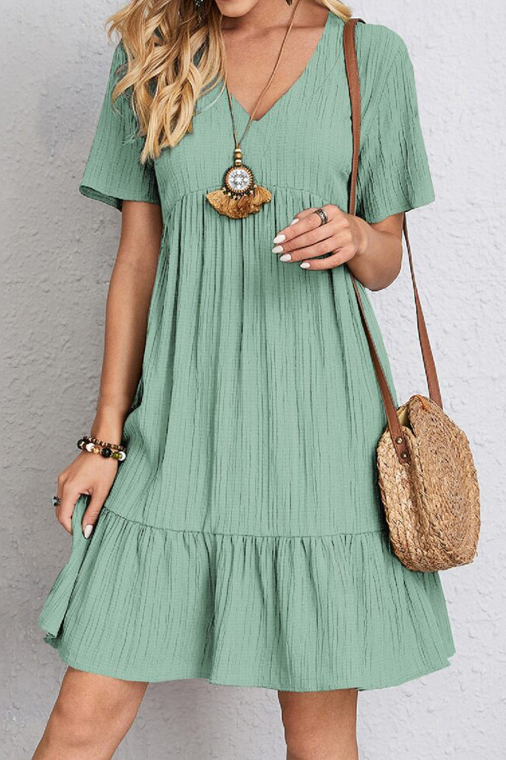 Cotton V-Neck Short-Sleeved Dress