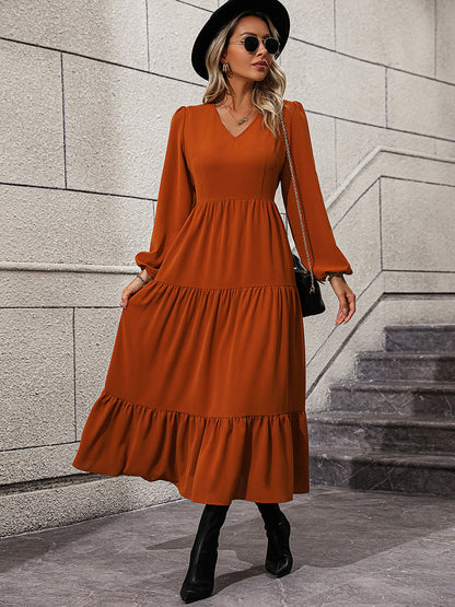 V-Neck Long-Sleeved Tiered Midi Dress