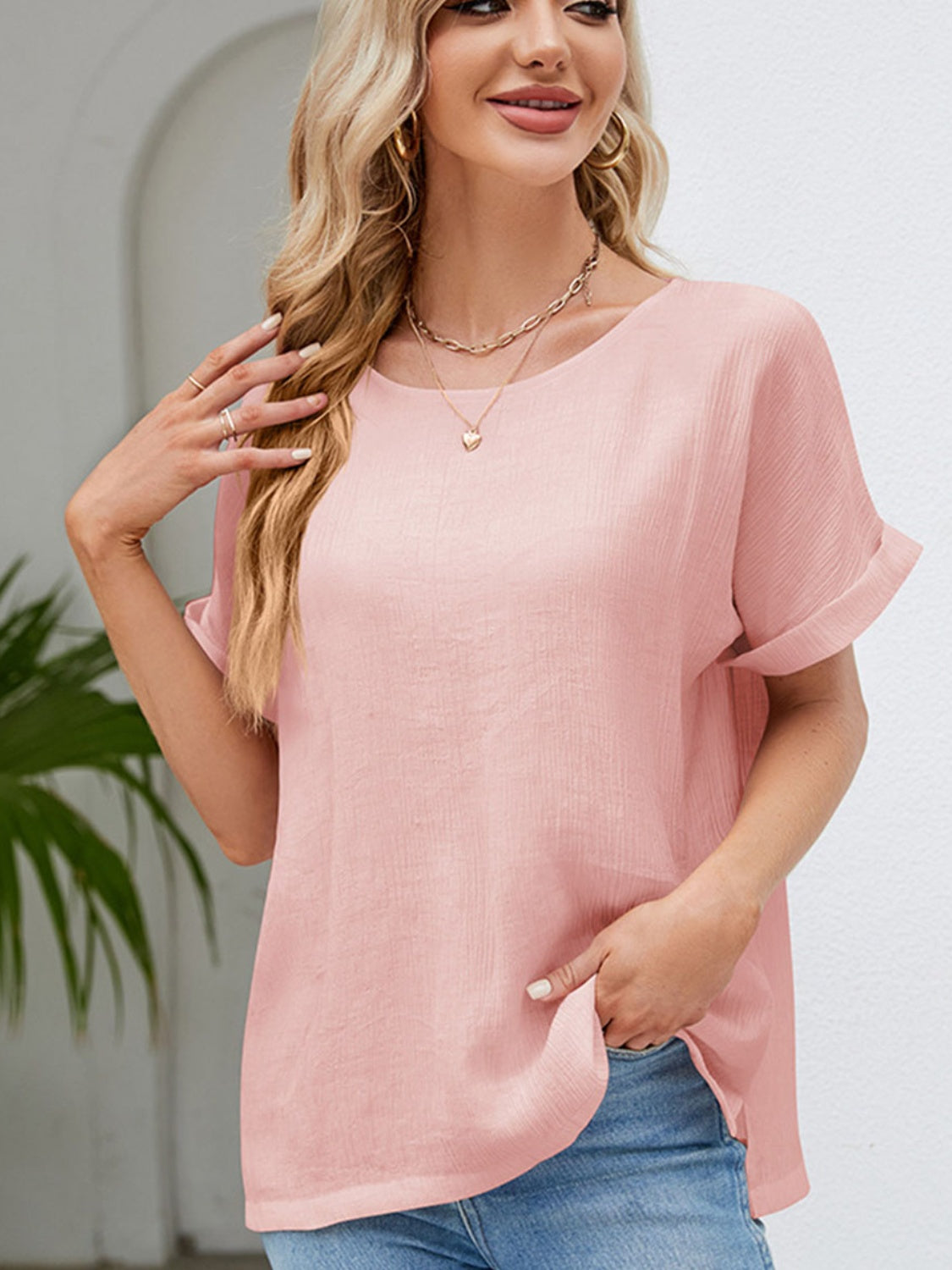 Cotton Chinlon Short-Sleeved Blouse