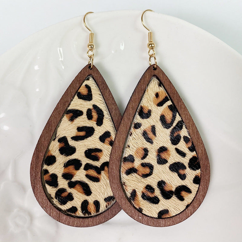 Wooden Teardrop Animal-Print Earrings