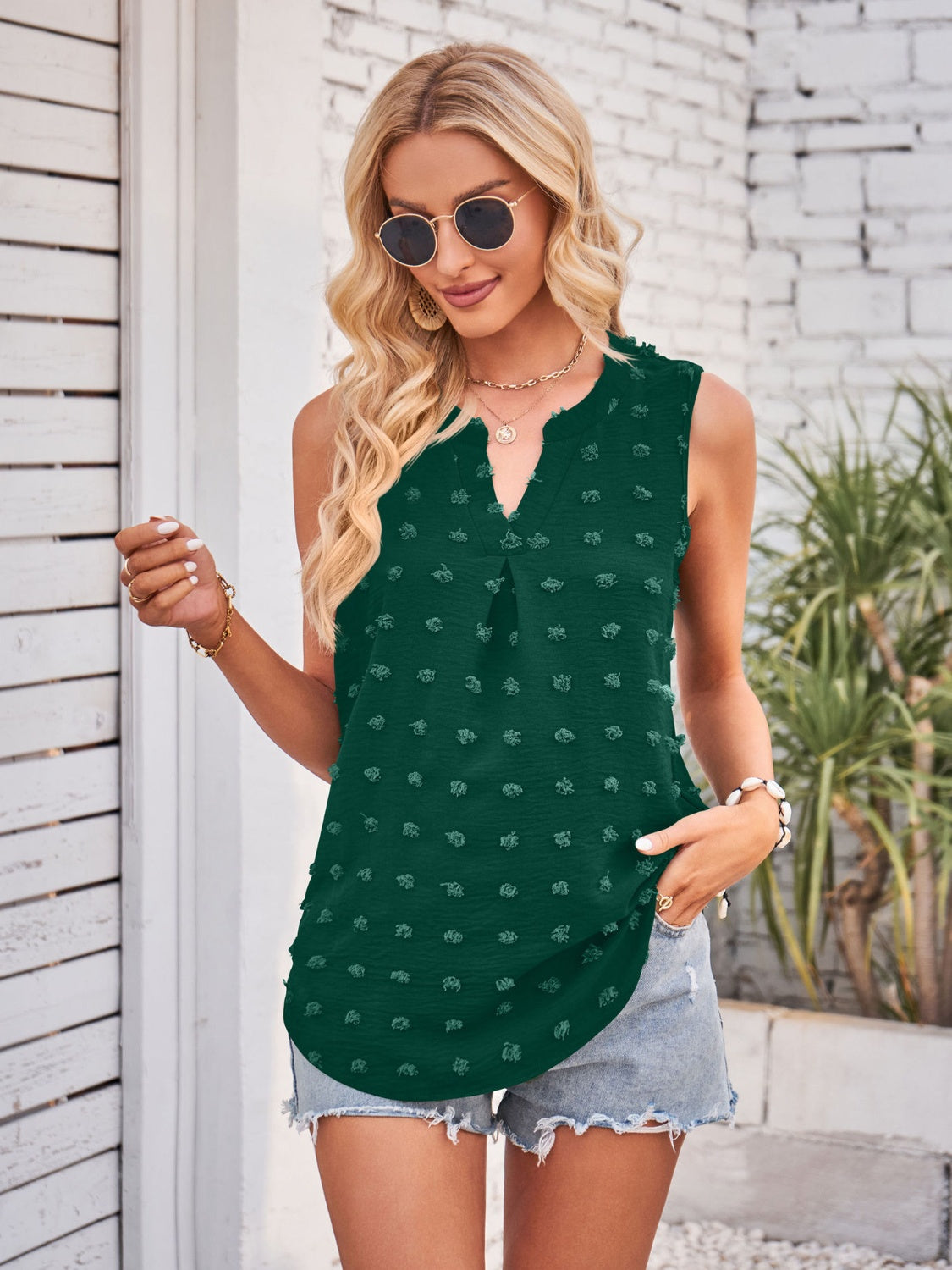 Swiss Dot Notched Sleeveless Blouse