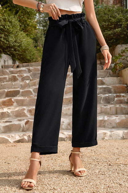 Paperbag-Waist Cropped Straight-Leg Pants