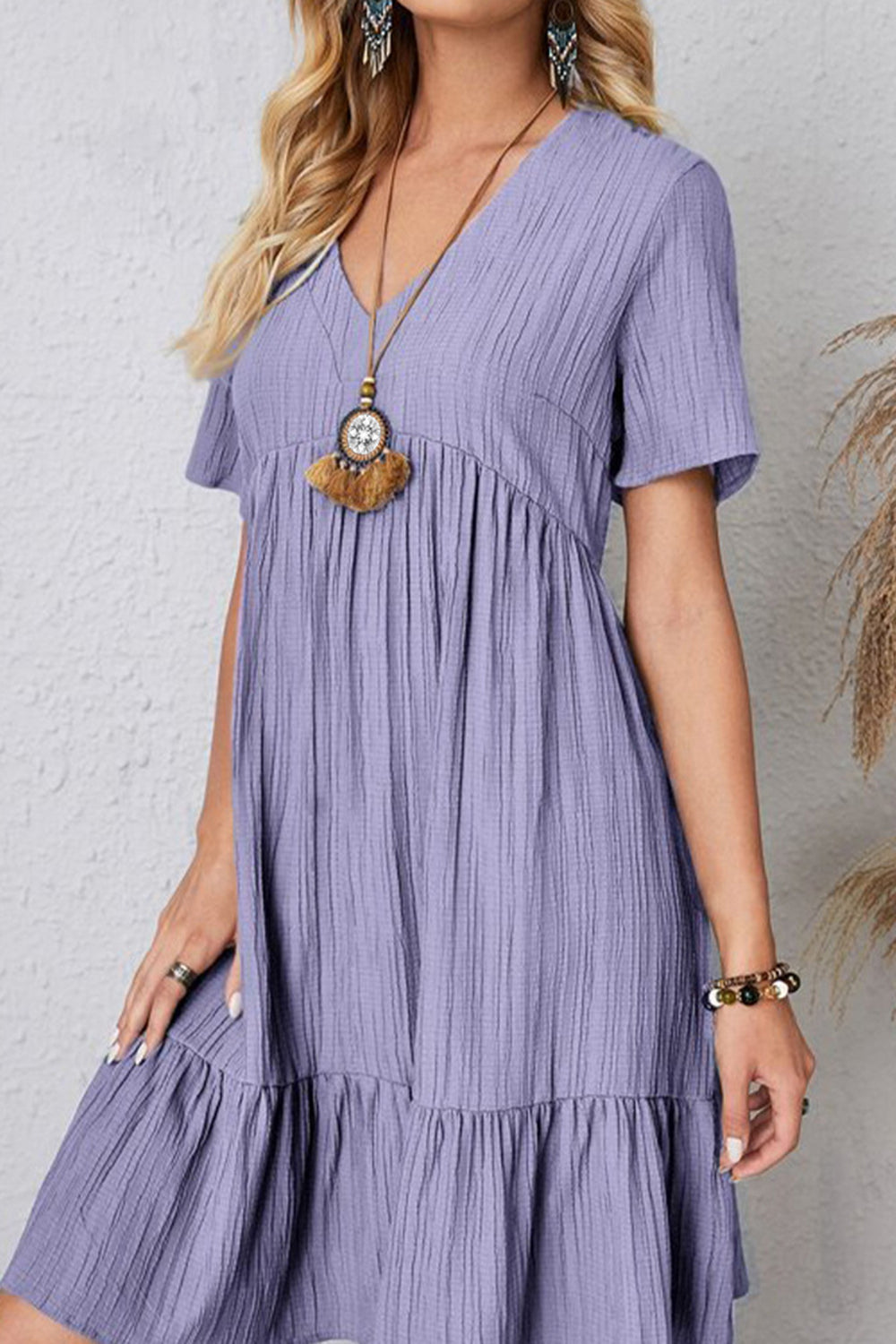 Cotton V-Neck Short-Sleeved Dress