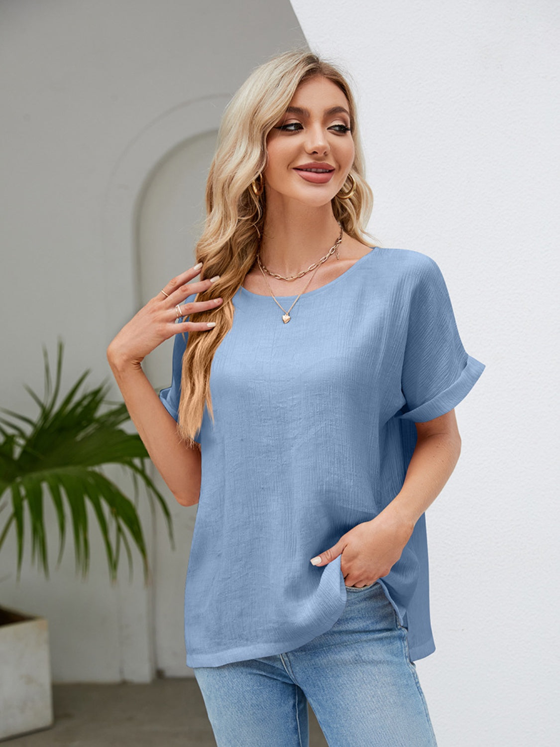 Cotton Chinlon Short-Sleeved Blouse