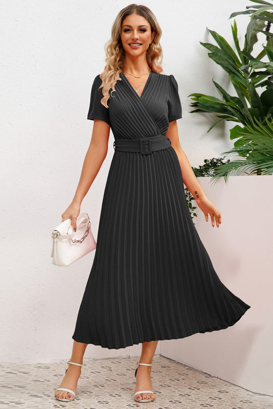 Pleated Short-Sleeved Midi Dress