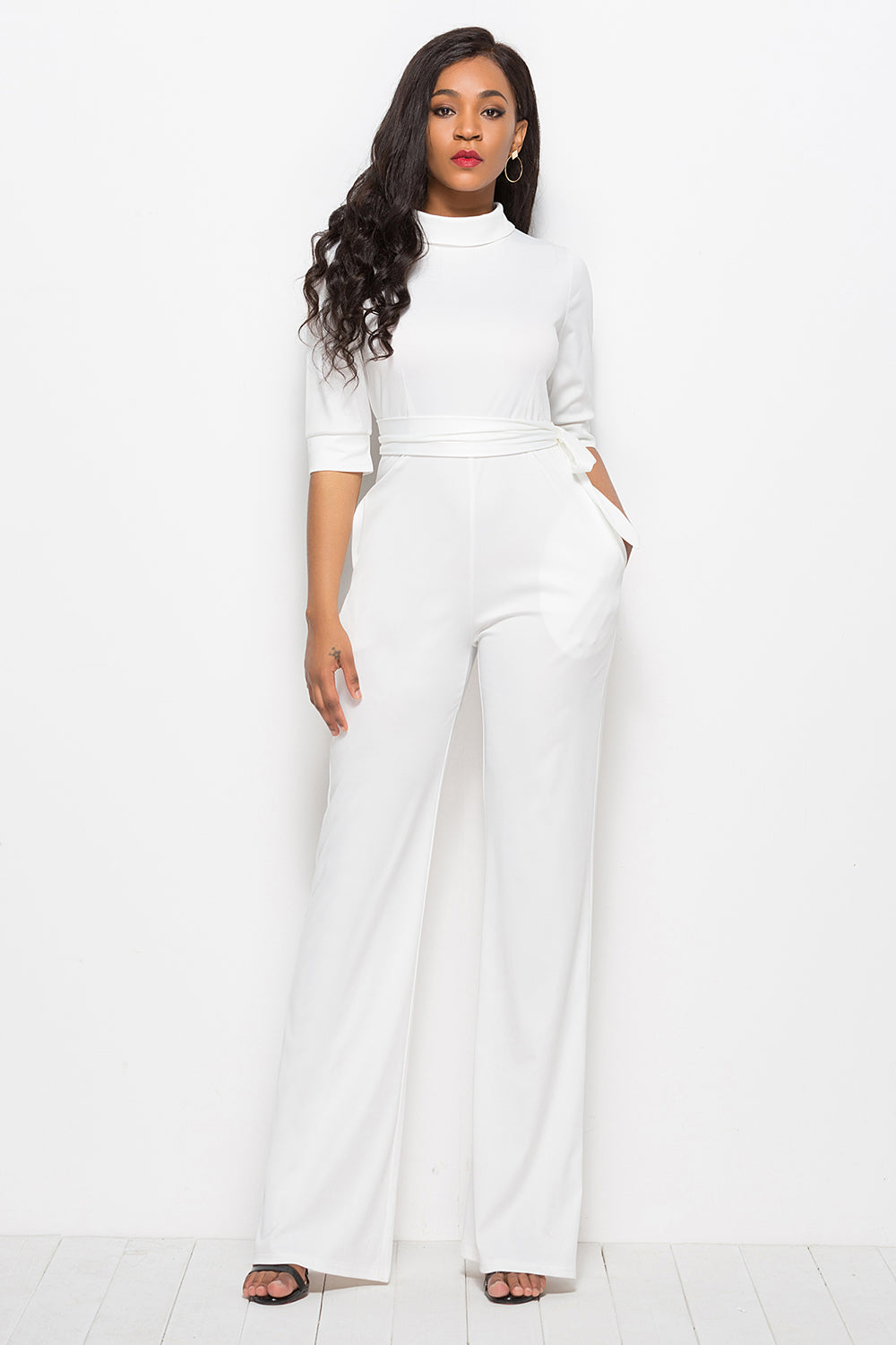 Mock-Neck Tie-Waist Jumpsuit