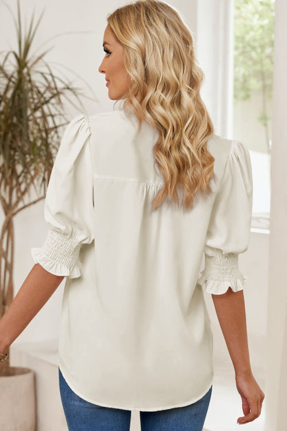 Smocked Flounce Sleeve Notched Neck Blouse