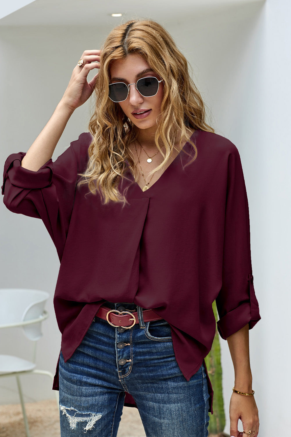 V-Neck Roll-Tab Sleeve Blouse