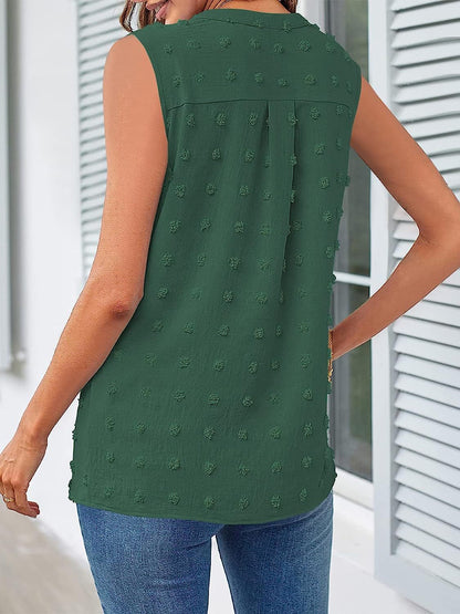 Swiss Dot Notched Sleeveless Blouse