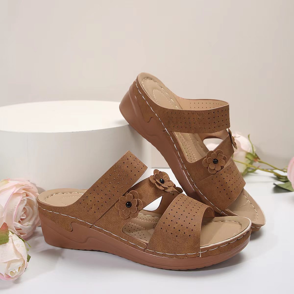 Faux-Suede Flower Wedge Sandals