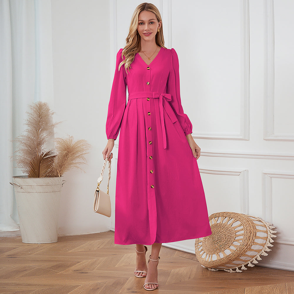 Buttoned V-Neck Long-Sleeved Dress