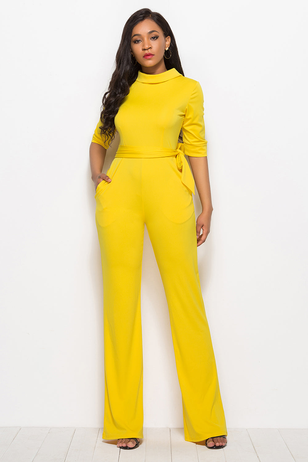 Mock-Neck Tie-Waist Jumpsuit