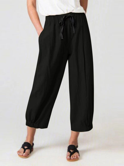 Elastic Waist Wide Leg Pants with Pockets