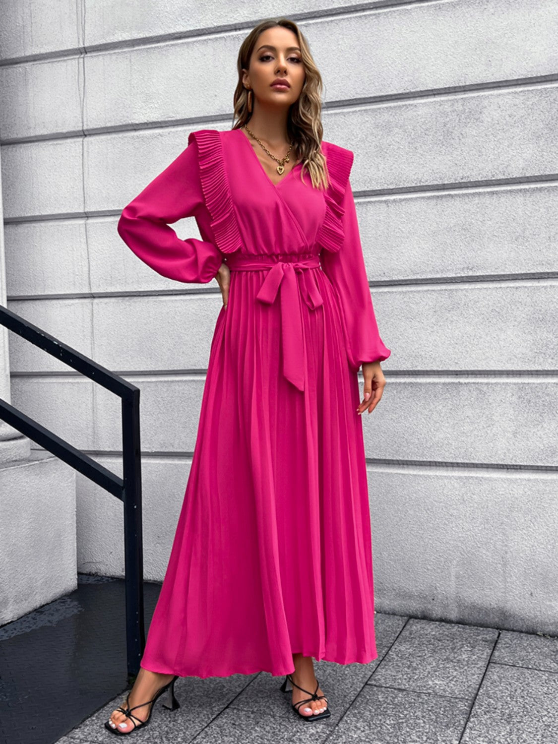 Pleated Ruffle Maxi Dress