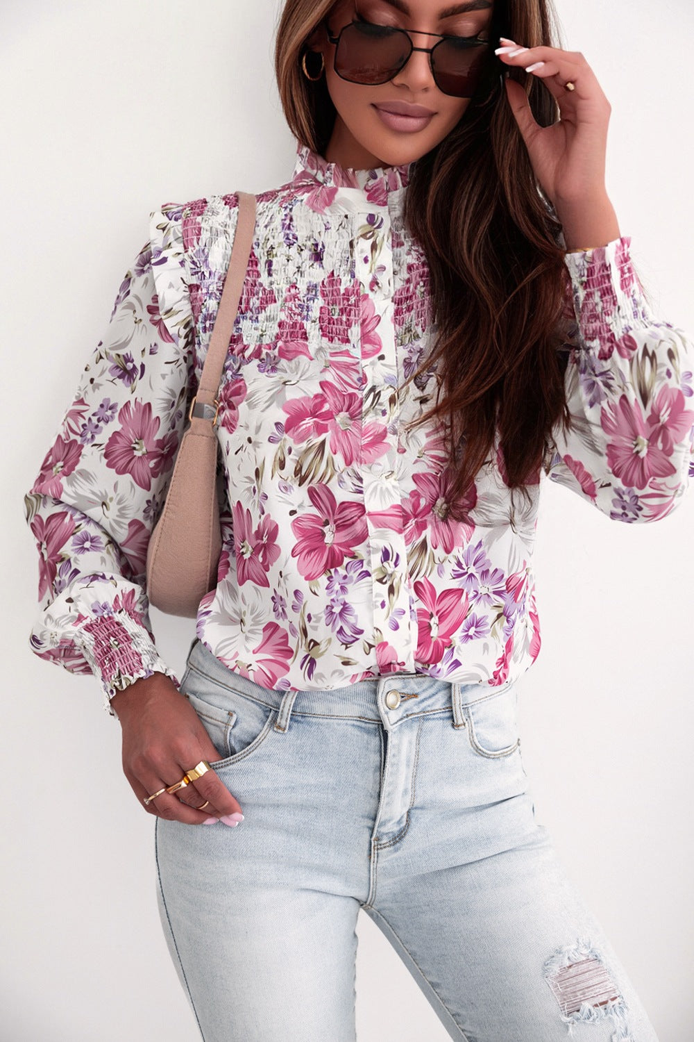 Ruffled Smocked Floral Lantern Sleeve Shirt