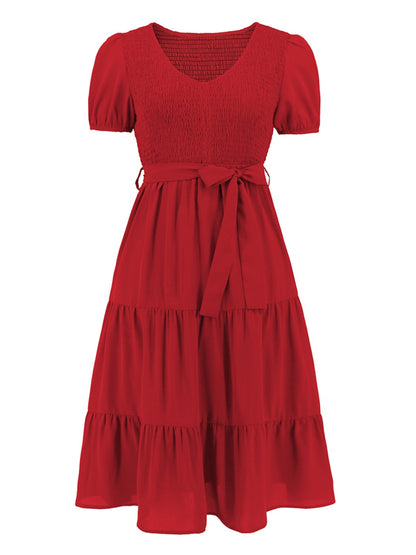 Smocked Short-Sleeved Tiered Dress